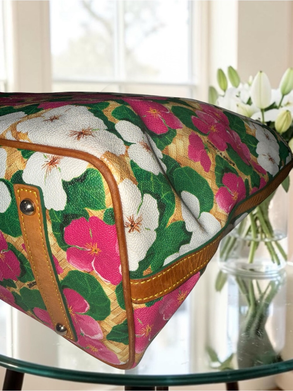 Dooney & Bourke Floral Pink, White, and Green Large Shopper Tote Bag EUC - Picture 12 of 16